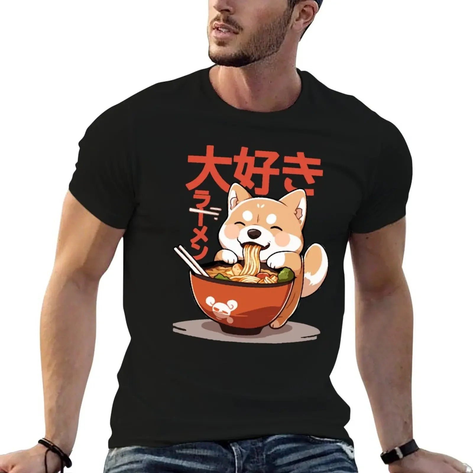 

Shiba Inu Slurping ramen noodles cool anime sticker T-Shirt graphic shirts men tshirt