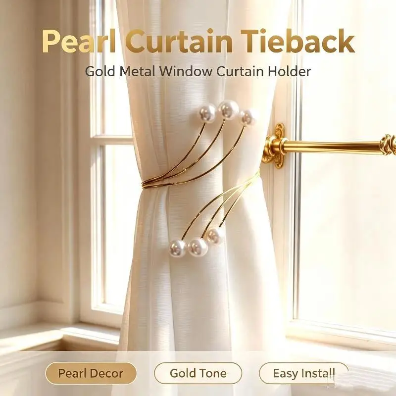 2 Pcs Pearl Alloy Curtain Tieback Holders No Drill Snap On Clips Elegant Shiny Decorative Drapery Clips for Wedding Party
