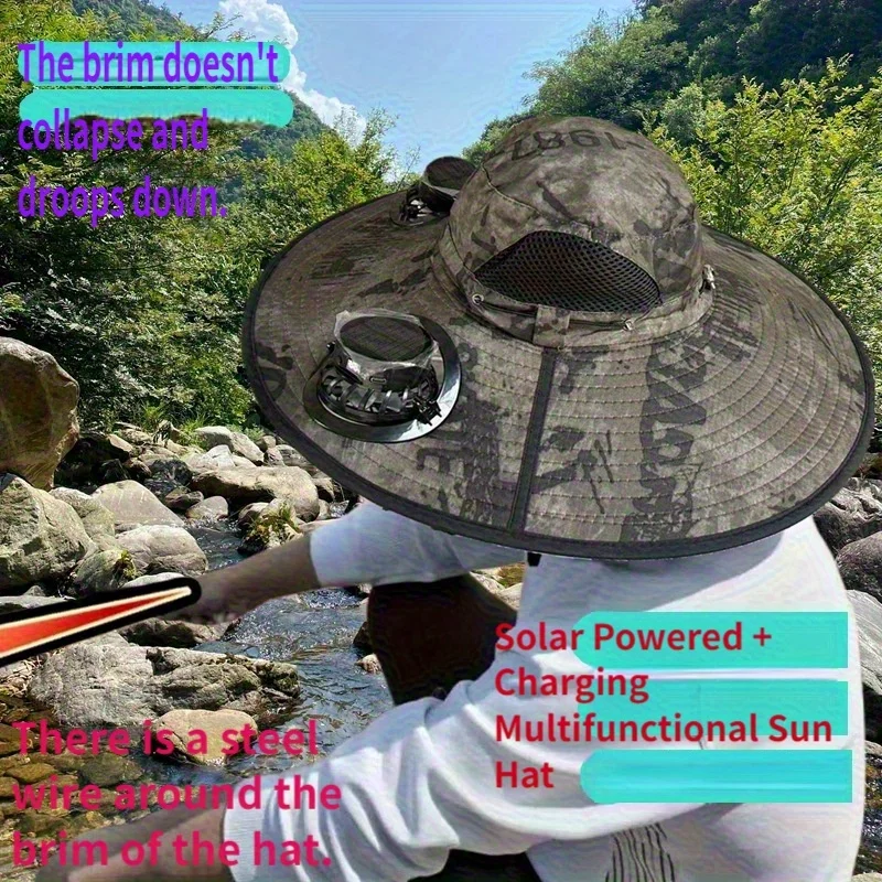 

Fishing Hat With Dual Cooling Fans Wide Steel Wire Brim Solar Powered And Usb Charging Sun Hat Outdoor Hiking Fishing Gardening