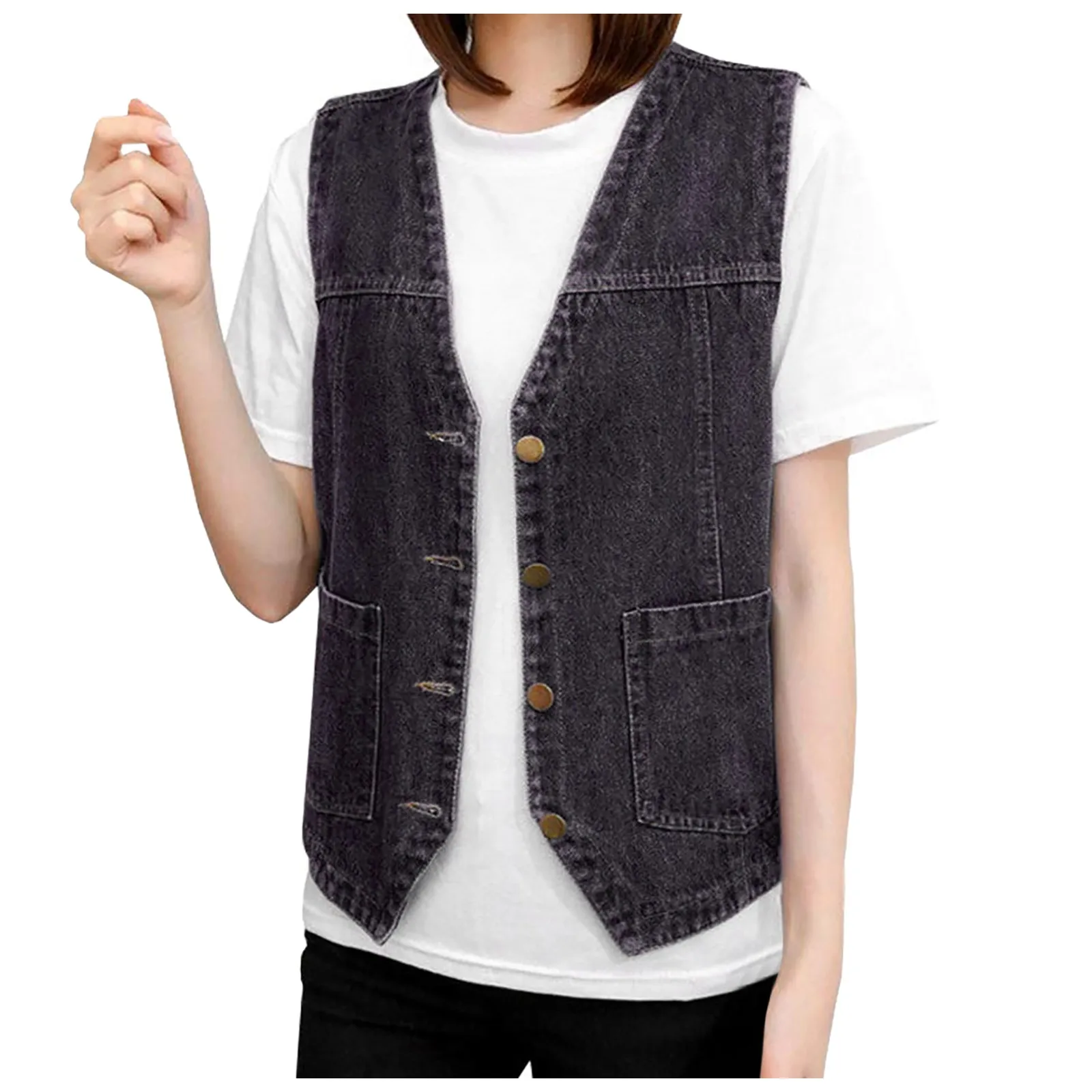 

V Neck Button Down Jean Vests With Pockets Fashion Sleeveless Denim Coats For Women Solid Color Loose Cropped Denim Jackets