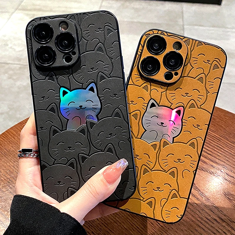 2024 Original binding Luxury Cortex Cat Phone Case For iPhone 14 13 12 11 Pro Max Plus Cute Laser Bumper Shockproof Cases Cover