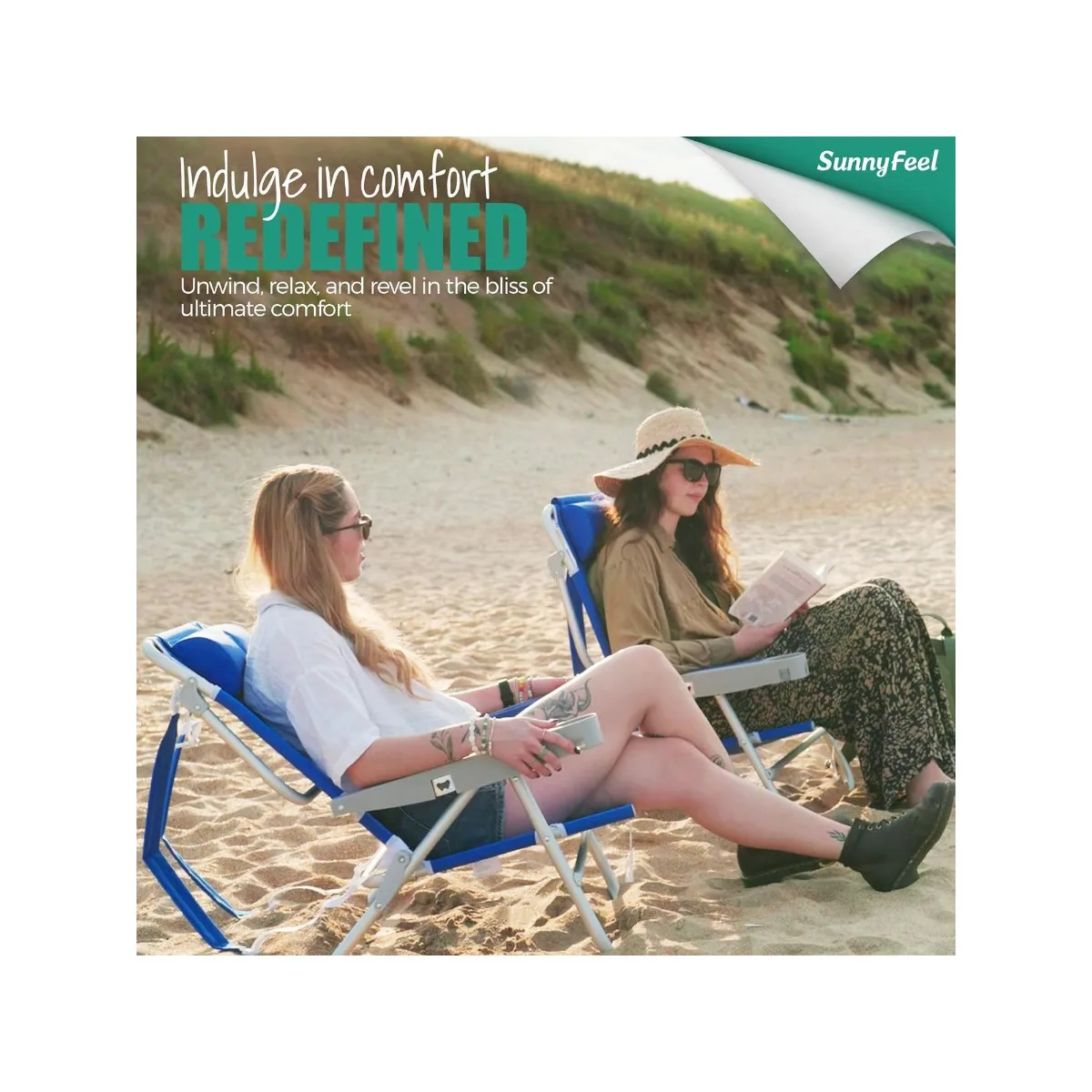 كرسي شاطئ قابل للطي من الألومنيوم، 3 أوضاع، ظهر منخفض ومسند ذراع خشبي، شريط أزرق 300 رطل