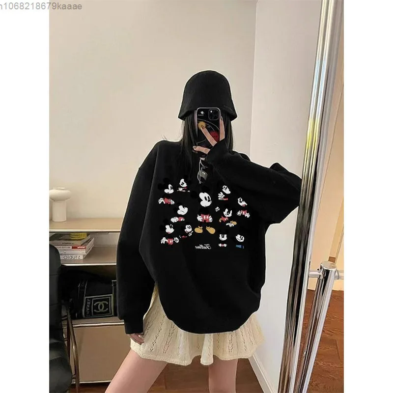 Disney Mickey Cartoon Printed Loose Casual Round Neck Hoodie American Style Autumn And Winter New Versatile Sweatshirt For Women