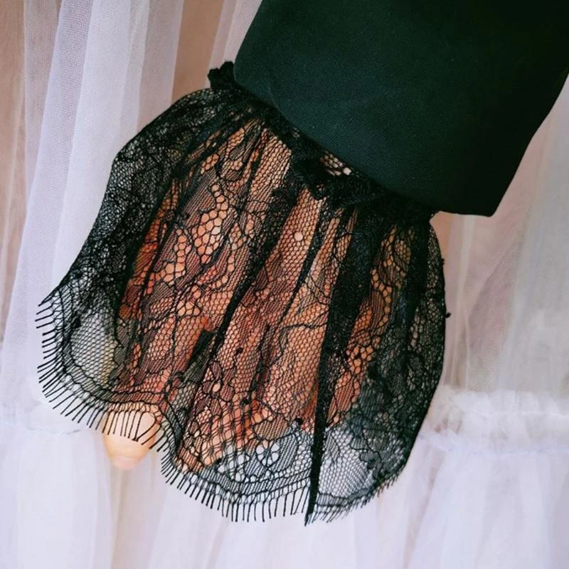 

652F Women Fake Arm Sleeves with Short Tassels White and Black Pleated Cuff Beautiful Lace Accessories Outdoor Embellishments