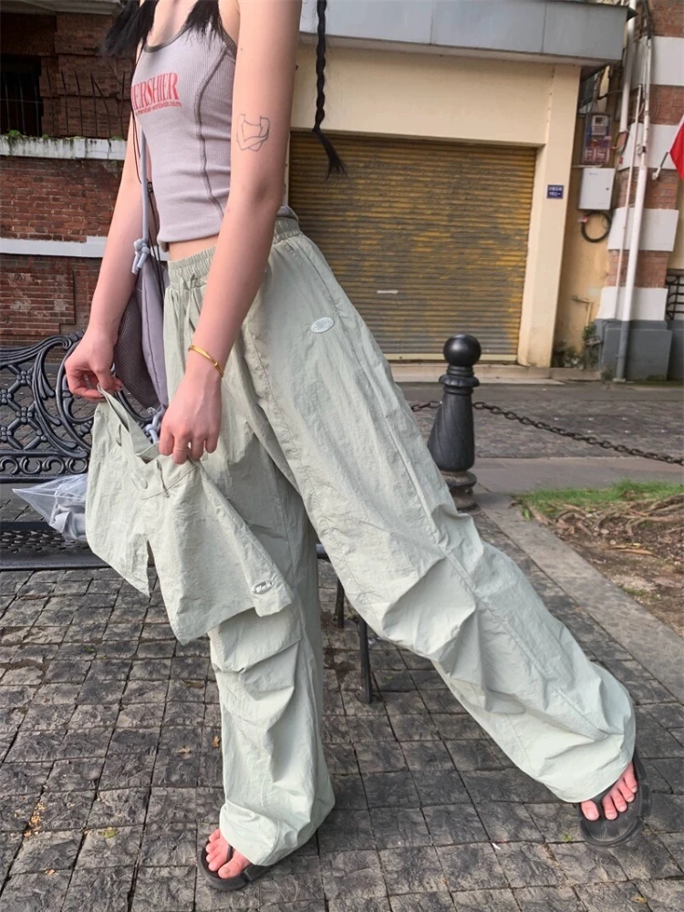 ADAgirl Grey Parachute Pants Woman Baggy Y2k Hip Hop Causal Patchwork Korean Straight Sweatpants Streetwear Retro Trouser Summer