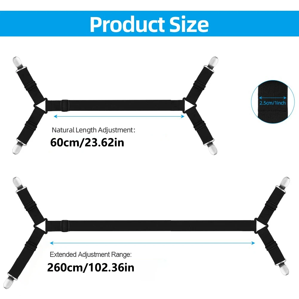2PCS Sheet Clips for Bedding, Black Adjustable Bed Sheet Fastener, Elastic Fitted Sheet Clips for All Bed Sheets Mattress Covers
