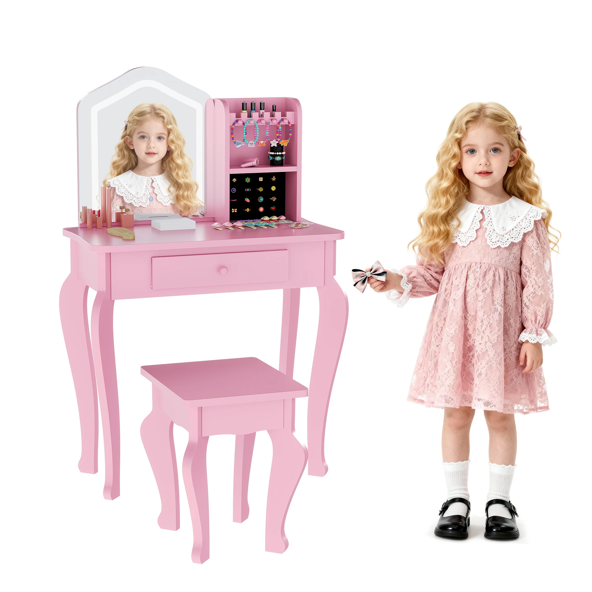 Kids Vanity Set for Girls with 3-Color LED Lighted Mirror, Wooden Makeup Dressing Table with Stool, Drawer Storage & Jewelry Tray, Princess Pretend Play, Ages 3-9, Pink/White