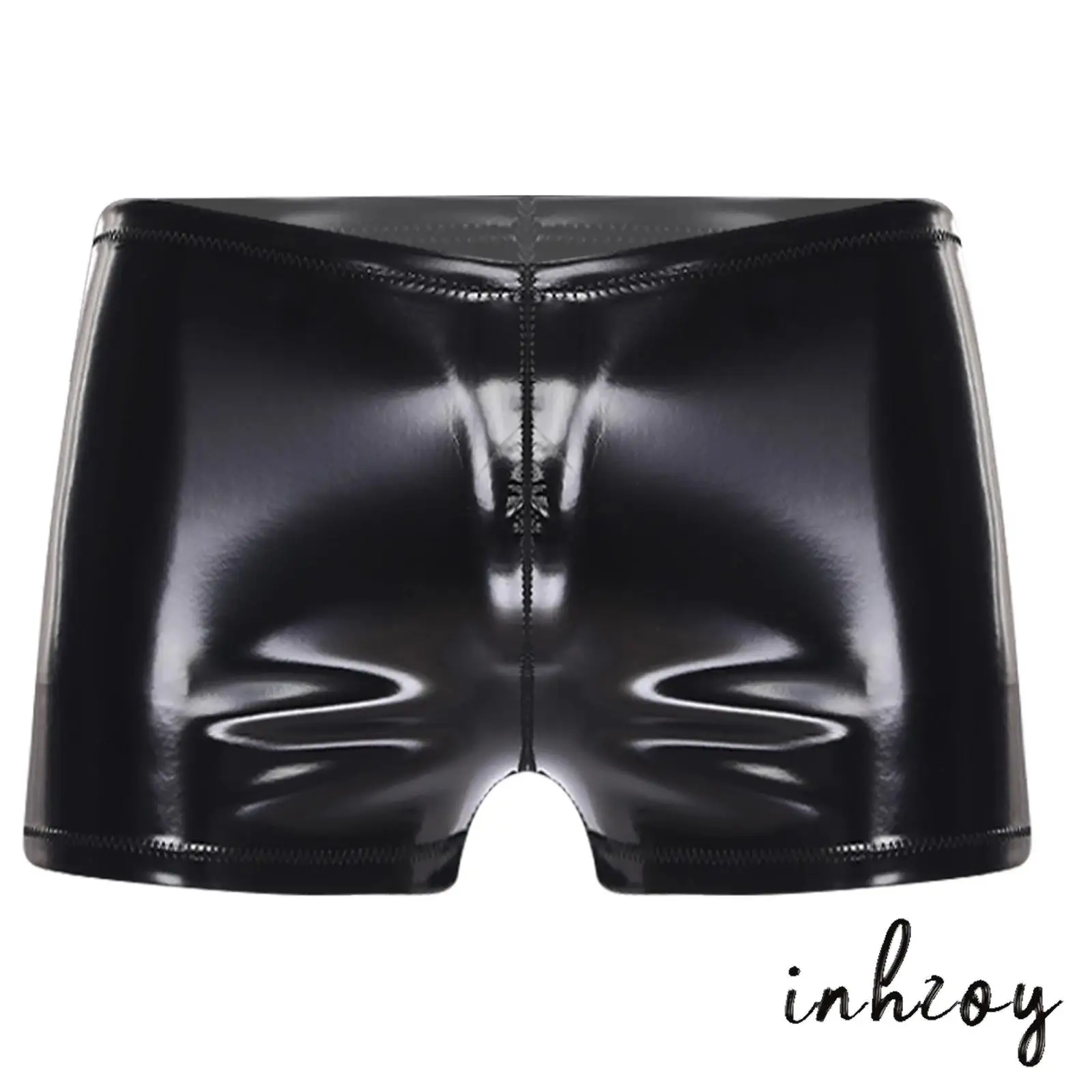Mens Glossy PU Boxer Shorts Waterproof Latex Hot Pants Classic Black Shorts Bodycon Underwear Clubwear for Pole Dance Rave Party