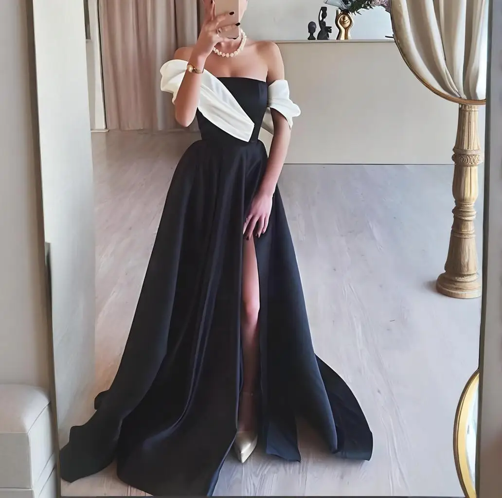 

Elegant Black and White Prom Dresses Satin Off the Shoulder Long Formal dubai Evening Dresses robe de soiree