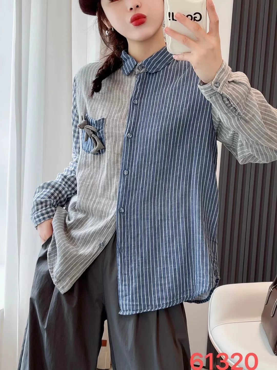 New Spring Cotton Striped Shirt Women Lapel Long Sleeve Tops Girl Retro Doll Versatile Commute Loose Blouse 2024 Autumn T43738QC