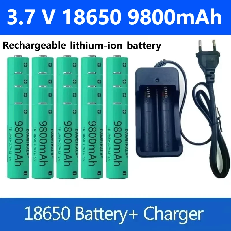 3.7 V, 18650, 9800mAh capacity, rechargeable lithium ion battery for flashlight, battery torch + charger