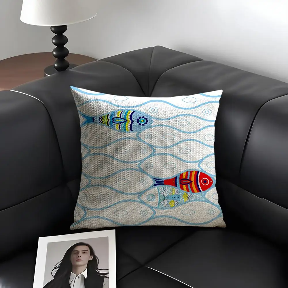 Cute Fish Seamless Cushion Cover Natural Linen Organic Fabric Double-Sided Printing Breathable Perfect Gift For Decor