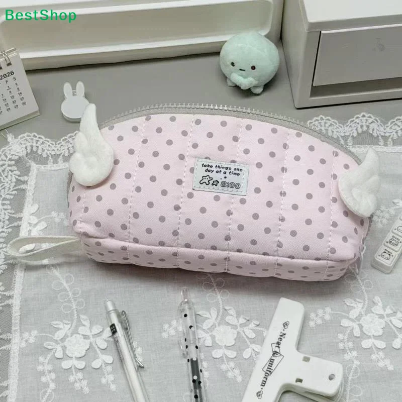〔P〕Polka Dot Print Pencil Case Shell Shape Large Capacity Pencil Pouch Multi-Layer Divided Portable Stationery Storage Bag 1PC