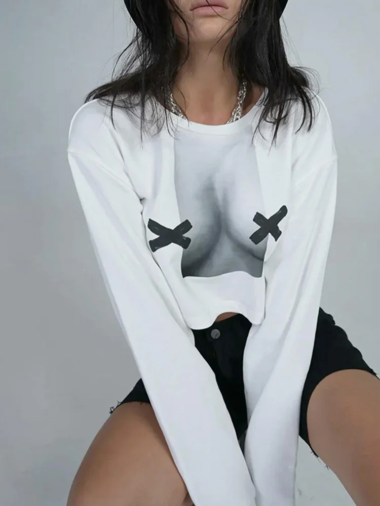 Y2k White Sexy Prints Loose Short Sweatshirt For Women Tops Streetwear Spice Girls Pullovers Long Sleeve O-Neck K Pop Clothes