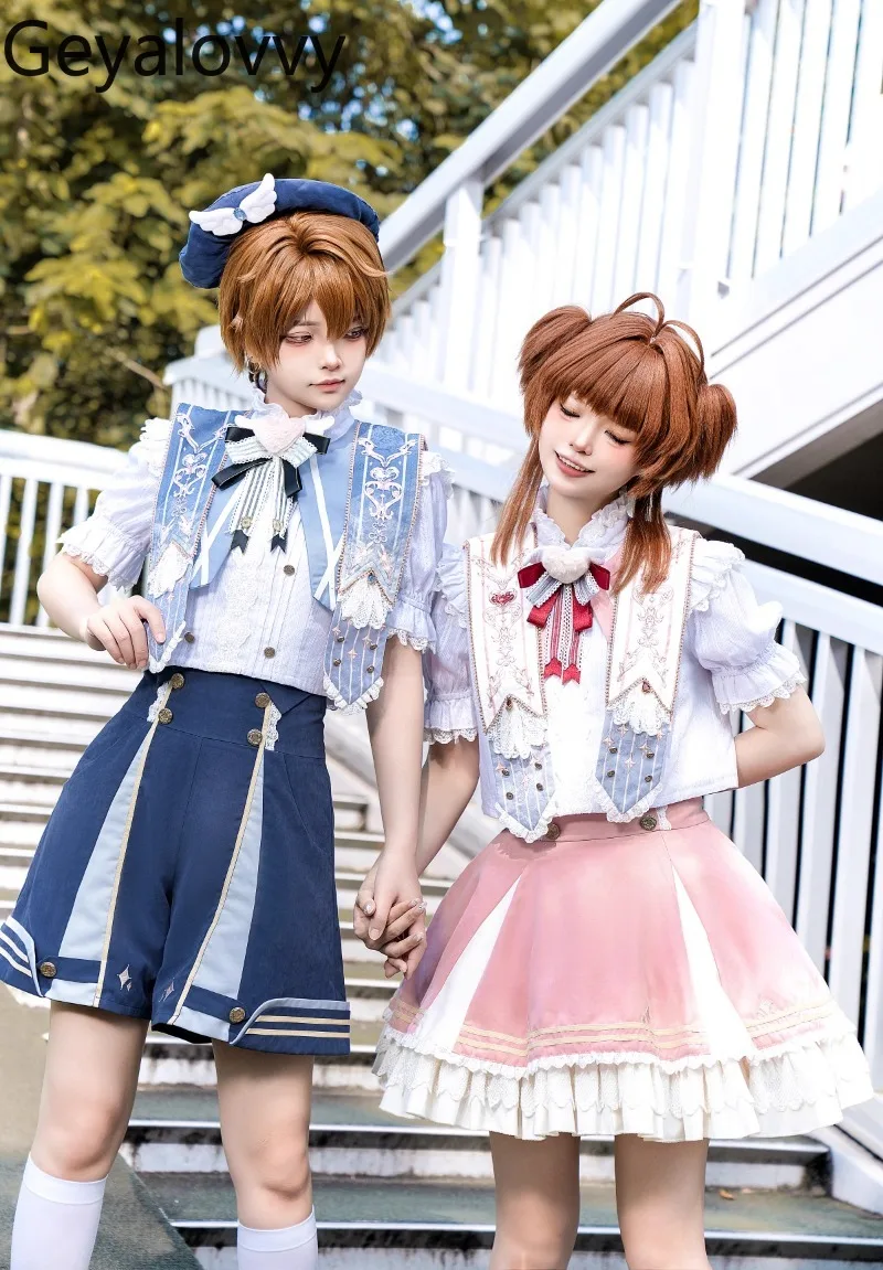 Camisa blanca de manga corta con cuello levantado de Lolita, falda corta de cintura alta, pantalones cortos, conjunto versátil para niñas dulces, Original japonés