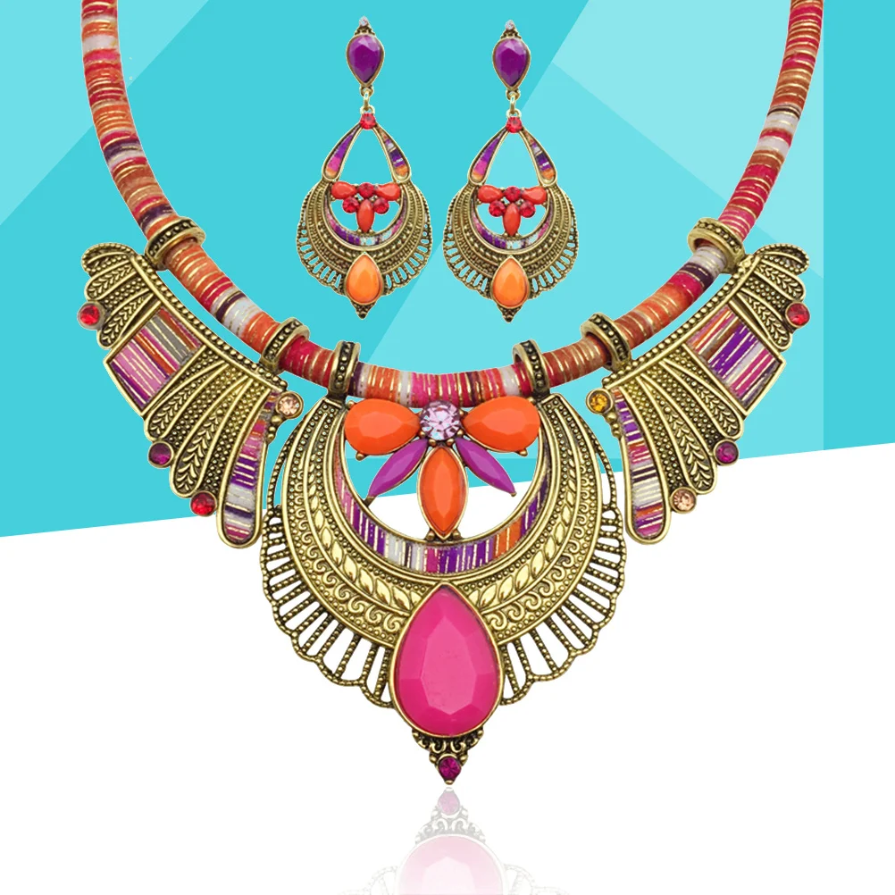 

Fashion Jewelry Set Bib Necklace Earrings Set National Style Bohemian Bohemia Jewelry (Earrings for Random Color)