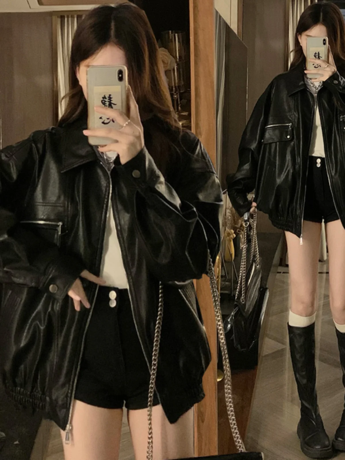 

Cool Bla PU Leather Jaet Women's Loose Motorcycle Sle Spring Autumn Faionable Sweet And Cool Wind Women's Coat