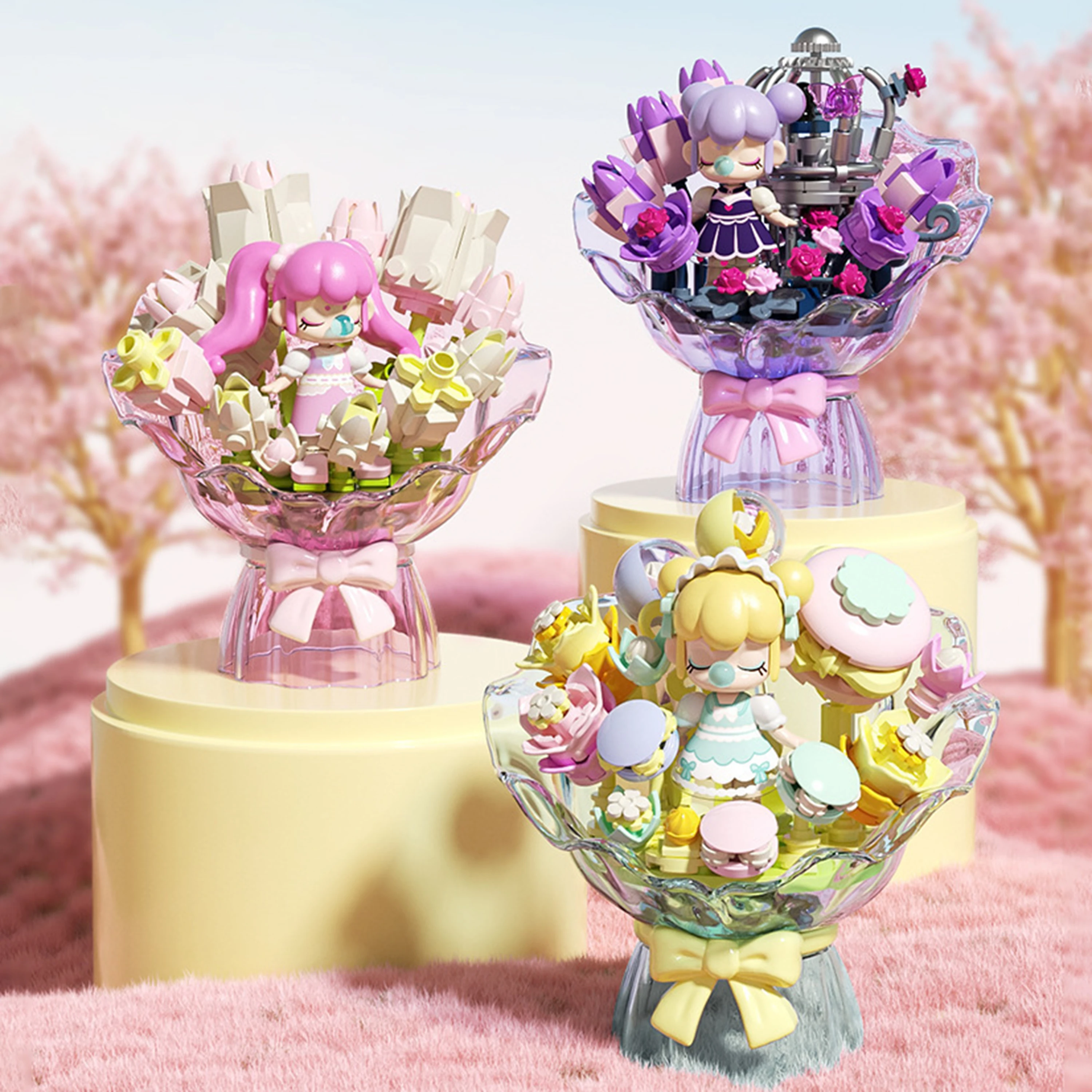 Klocki konstrukcyjne Nanci, bukiet kwiatów, fioletowa róża, klocki kwiatowe, kreatywny model do samodzielnego montażu, dekoracja na biurko, prezent dla dziewczynek