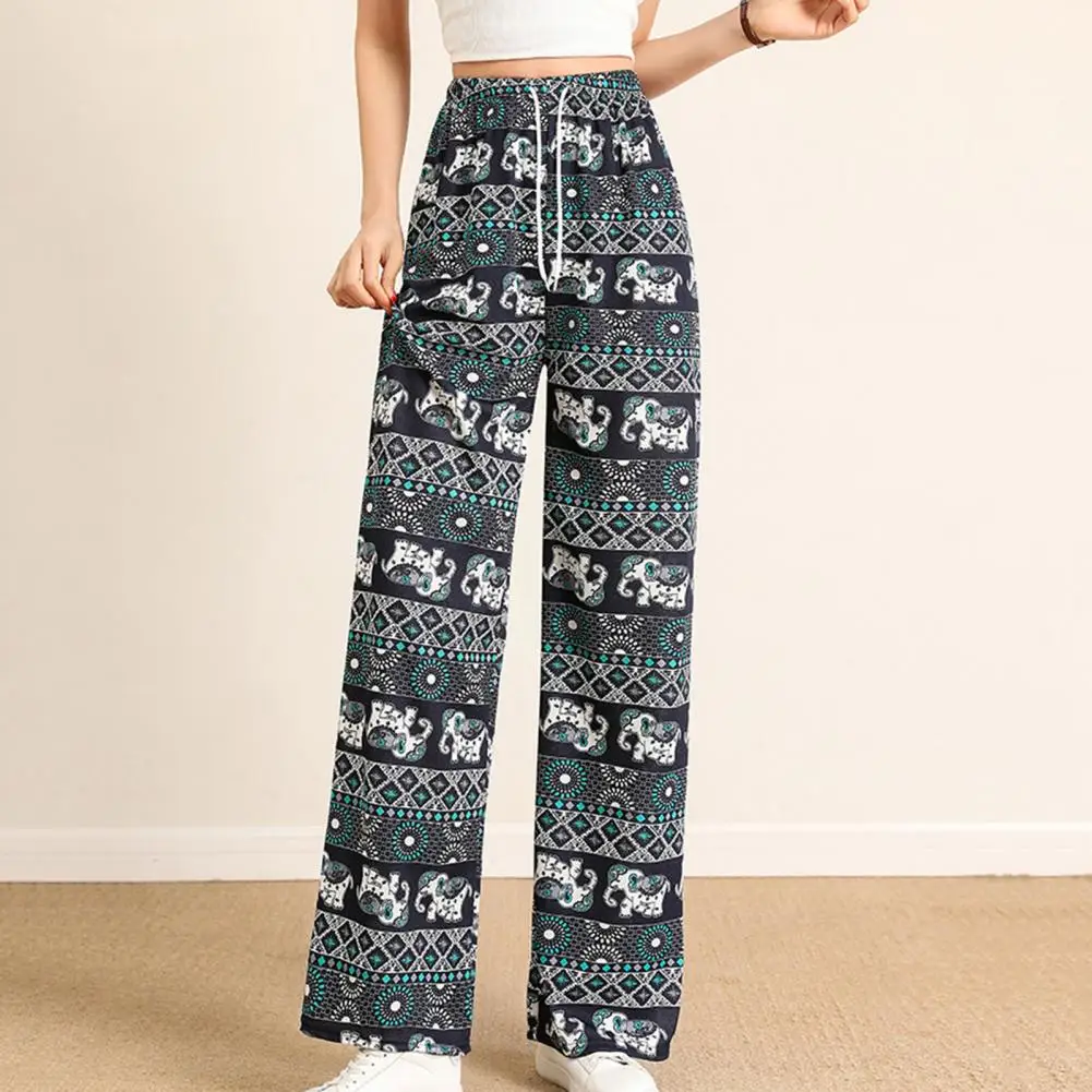 

Retro Elephant Print Summer Thin Women Long Pants Drawstring Elastic Waist Straight Wide Leg Pants Casual Female Long Trousers