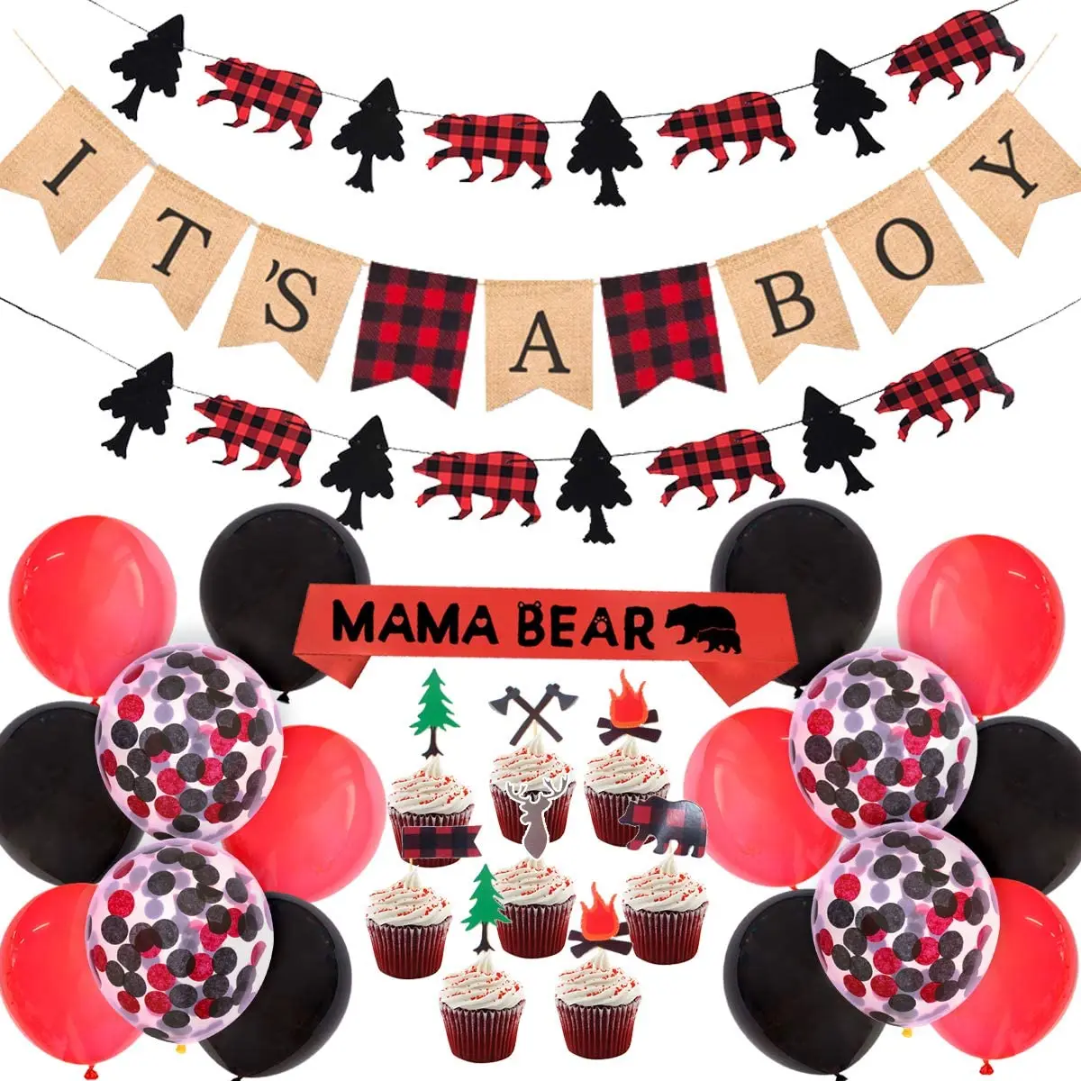 

Cheereveal Lumberjack Baby Shower Decorations for Boy with Lumberjack It's A Boy Banner Garland Cupcake Toppers Mama Bear Sash