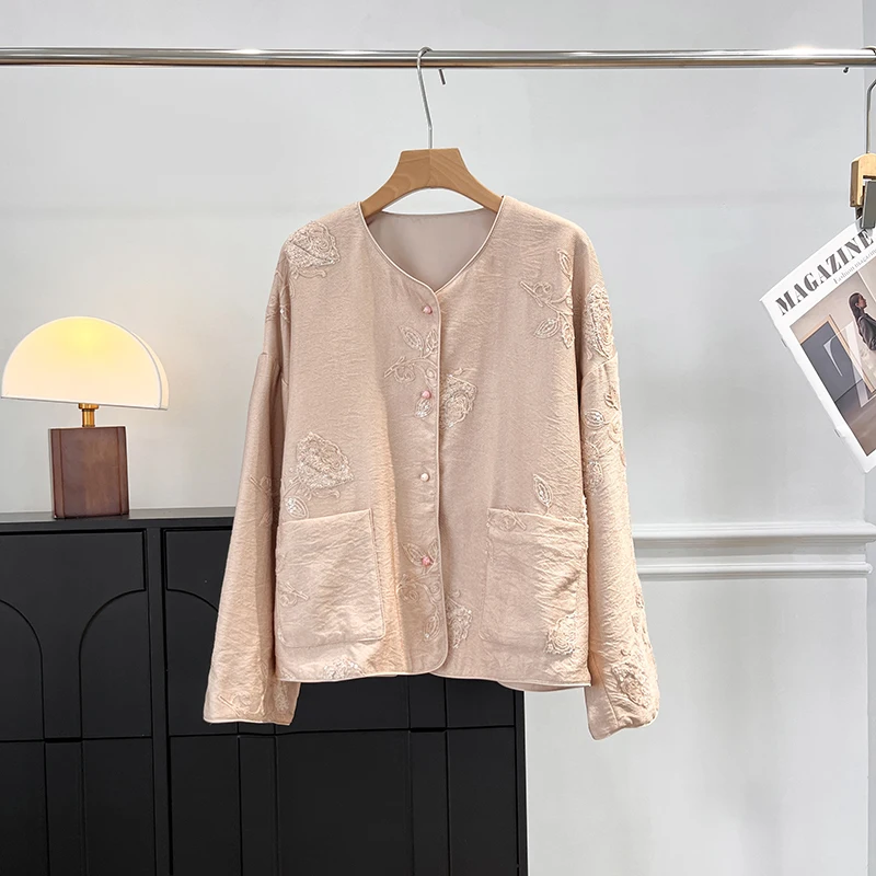 

Женский укороченный жакет в китайском стиле с вышивкой и свободными плечами, с яркими пайетками, открытый кардиган, осенняя новинка, розовый