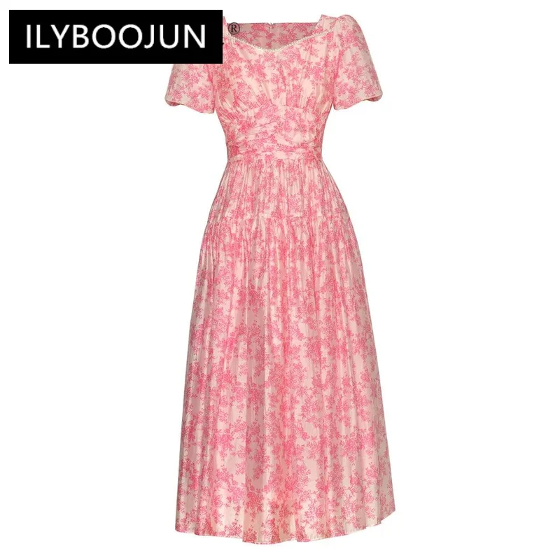 

ILYBOOJUN Summer Fashion Runway Dress Women Bohemian Floral Print Temperament Ruched Pearls Beading Tunics Medium Length Dresses