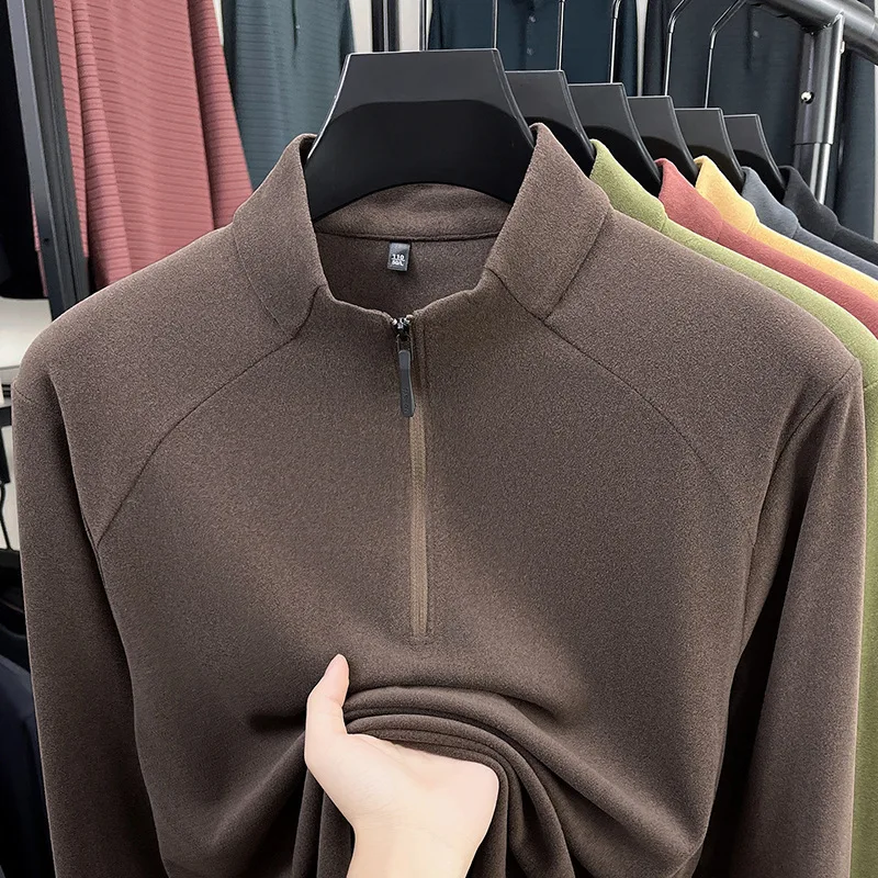 

Men's f Zipper Collared Long Sve T-irt Mid-aged Casual Versatile German Velvet Tee High Color Fastn Polyester Fiber