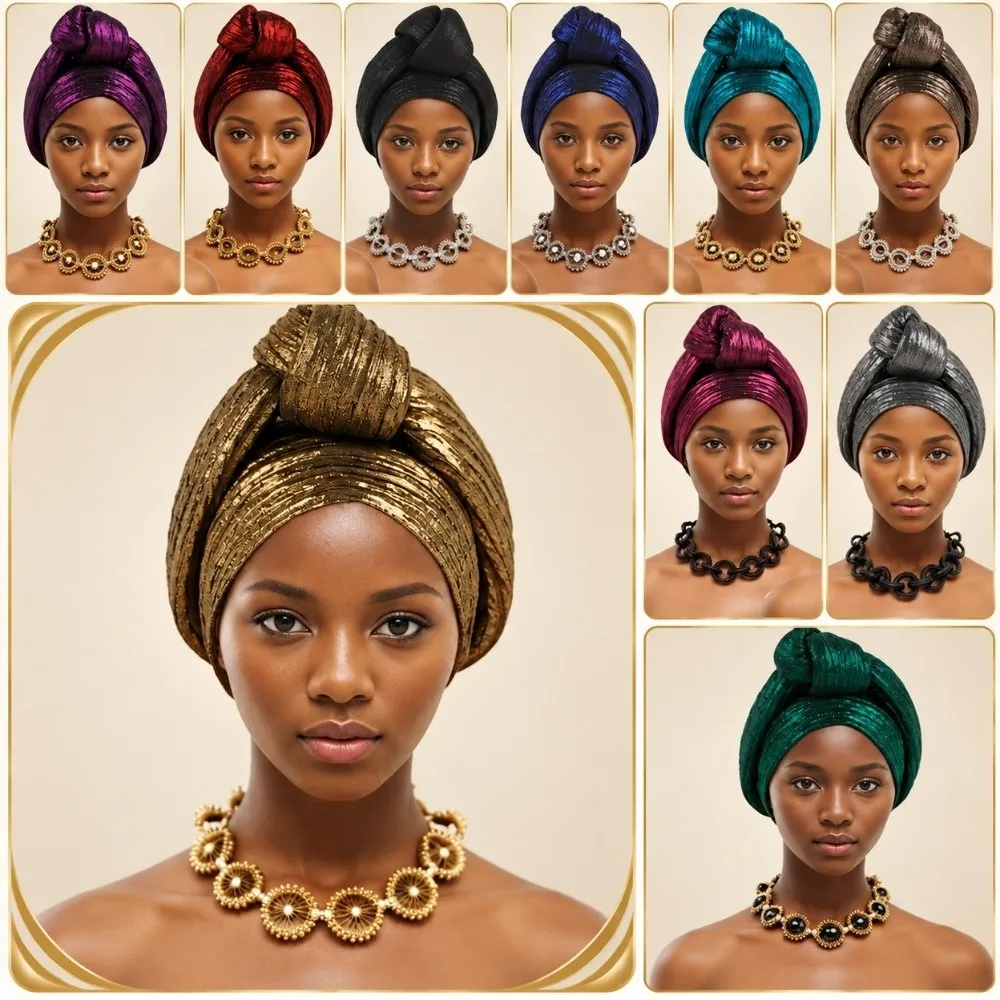 Shiny African Gele Headwrap Front Knot Multicolor Options Nigerian Yoruba Turban Polyester Traditional Style Elegant Headpiece
