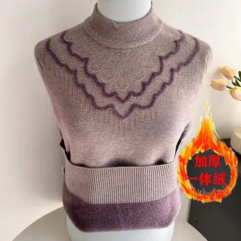 

2025 Autumn Winter Women's Mock Neck Fleece Sweater Female Crystal Bling Thick Base Shirt Mother's Keep Warm All-Match Sweater