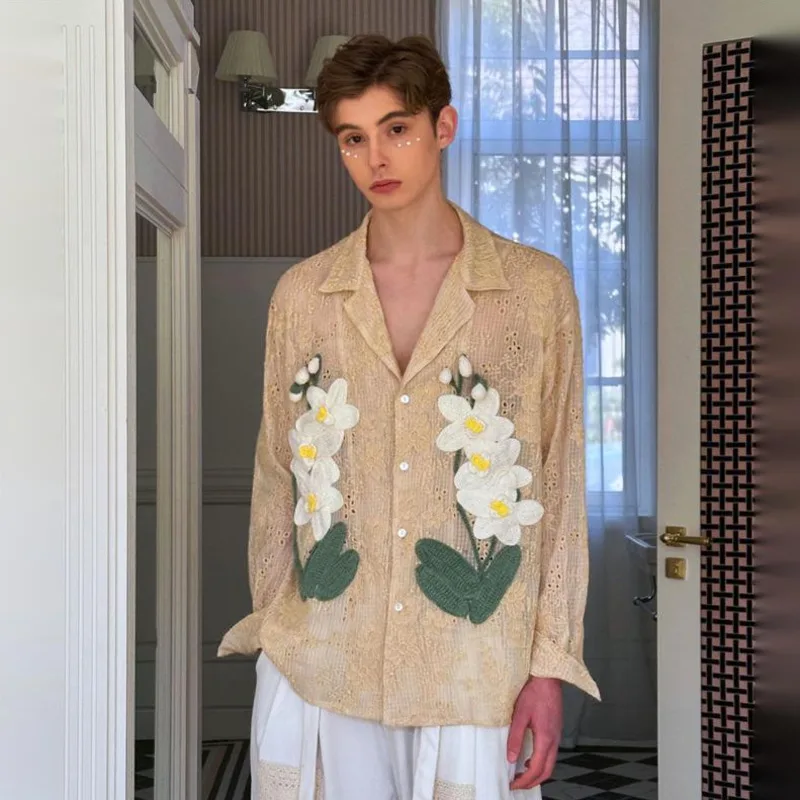 WVGA Spring Summer New Men Unique Design Floral Embroidery Long Sleeve Shirt Vintage Niche Chic Casual Hollow Out Top Ins W24740