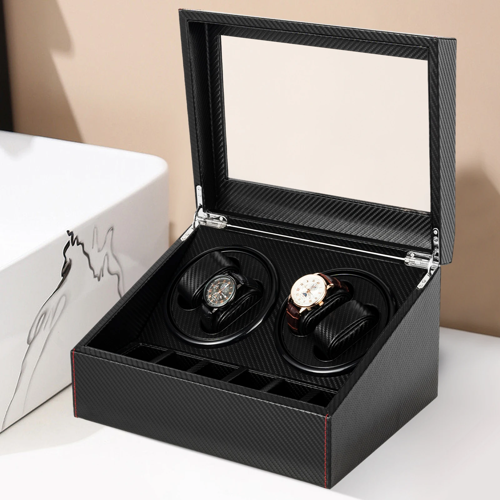 صندوق ساعة من الألياف، بطانة مخملية، أسود، بطانة من جلد البولي يوريثان من ألياف الكربون، صندوق مجوهرات، صندوق عرض، حديث، عرض متجر #3