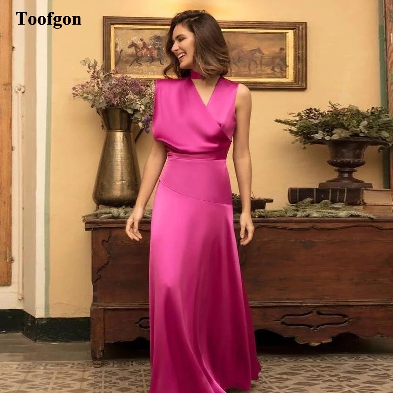 

Toofgon Simple Arabic Fuchsia Satin Long Prom Dresses Dubai Women Formal Special Party Gowns Evening Dress vestidos de gala