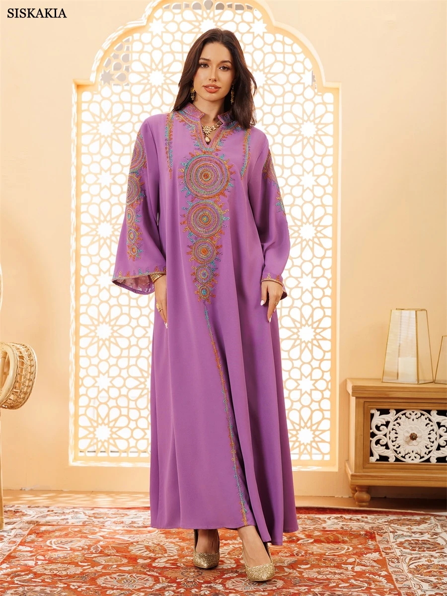 Siskakia-Robe de soirée pour femmes musulmanes, broderie jacquard, abaya dubaï, couleur unie, mode, kaftan, polyester, saoudien