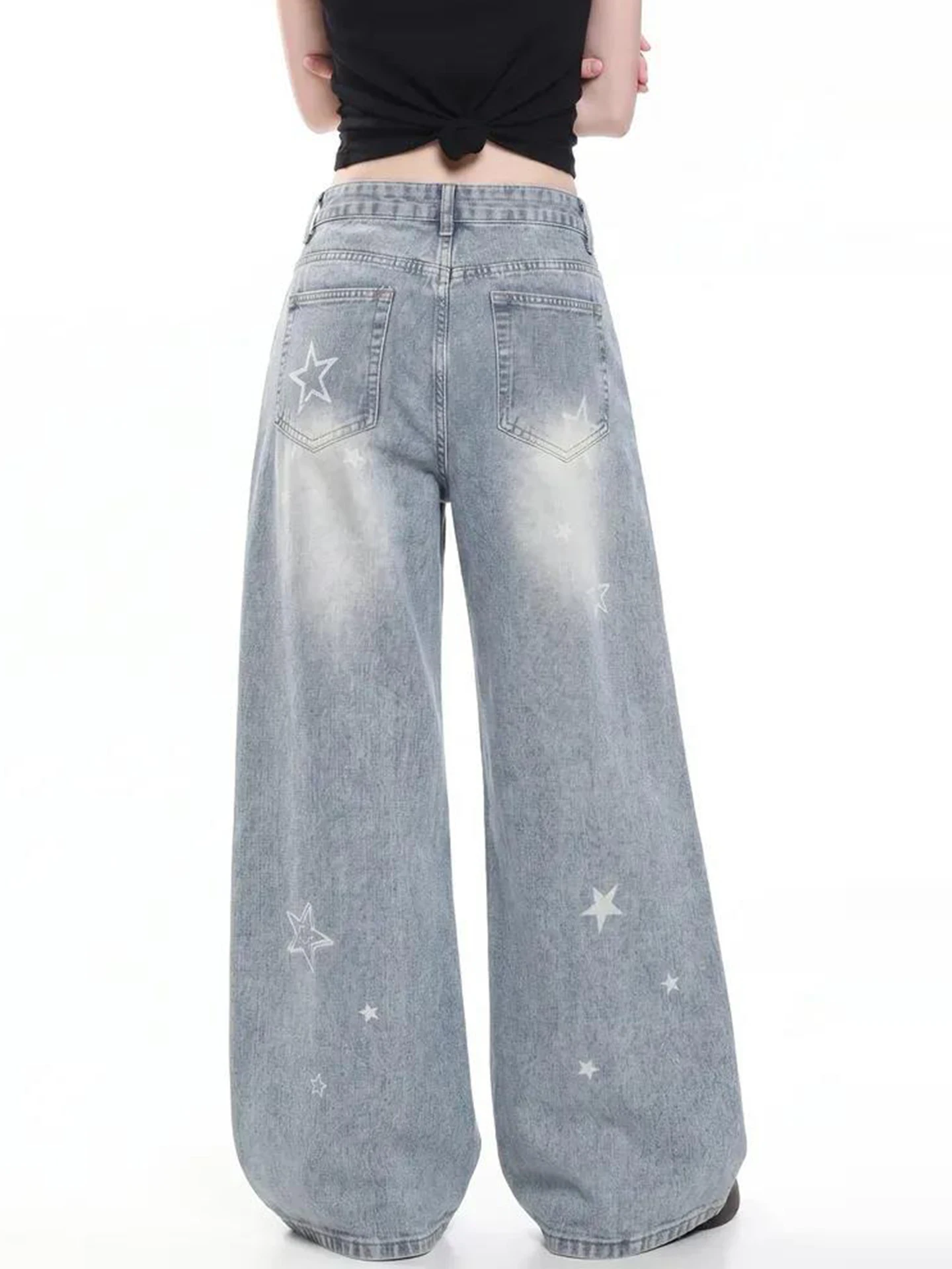 Retro American Star Hole Straight Leg Jeans Women Summer Loose Casual Washed Wide Leg Jeans Denim Blue Natural Waist Jeans