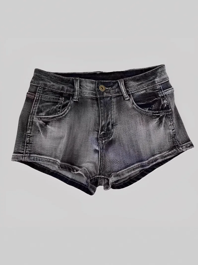 Low Waist Dark Gray Denim Shorts for Women, American Y2K Style, Summer Skinny Butt Lifting Stretch Washed Hot Pants for Petites