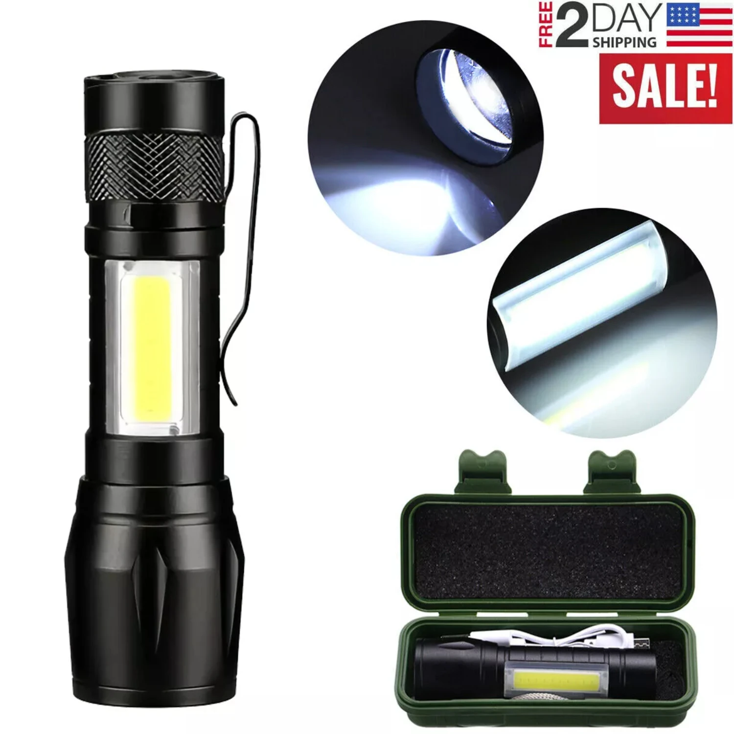 4 Pack Tactical LED Flashlight USB Rechargeable 3Modes Light Zoomable Lamp Torch