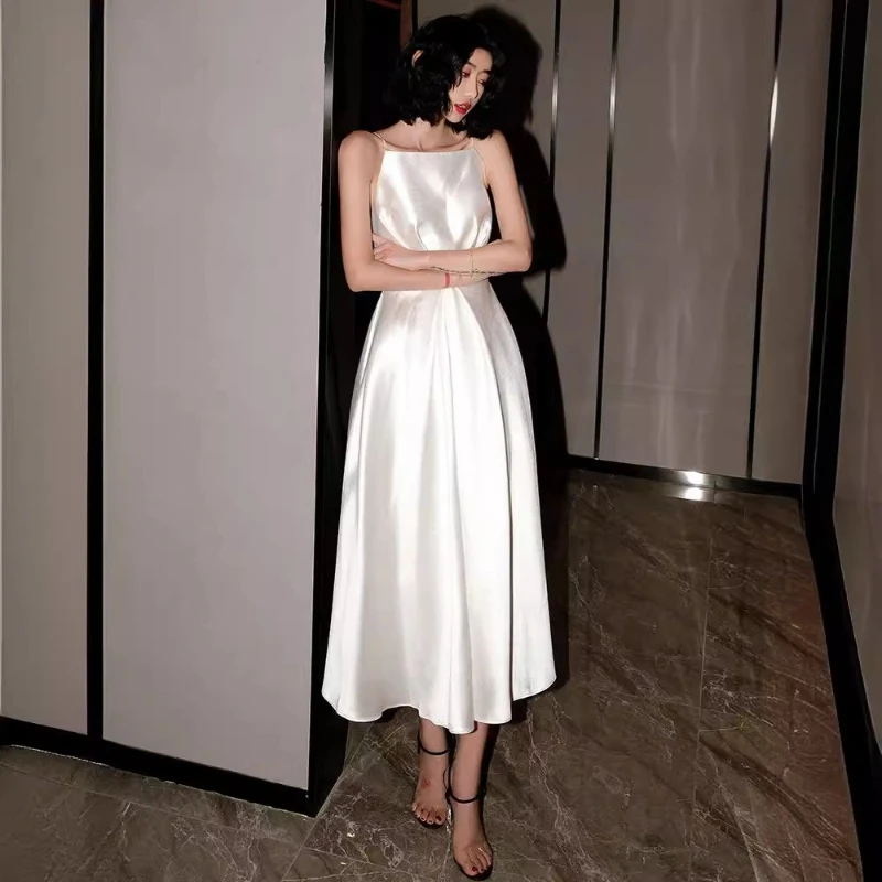 

Fashion White Satin Little Prom Gown Elegant Backless Evening Dress Spahetti Strap Birthday Party Dress