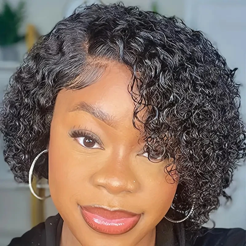 13x4x1 T Part Pixie Cut Lace Front Wig for Women Natural Black Curly Wave 180% Density Brazilian Remy Human Hair Wig