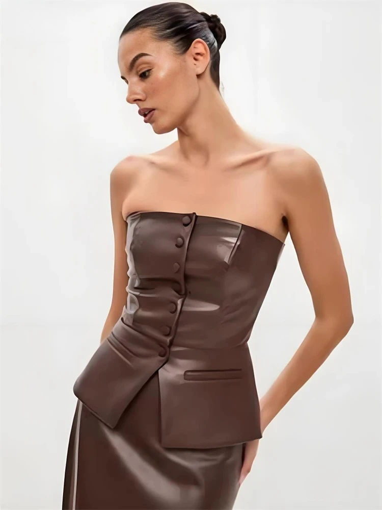 

Пуловер женский однобортный сексуальный кожаный жилет без бретелек для ночного клуба мини-майки узкие модные летние укороченные топы 2025