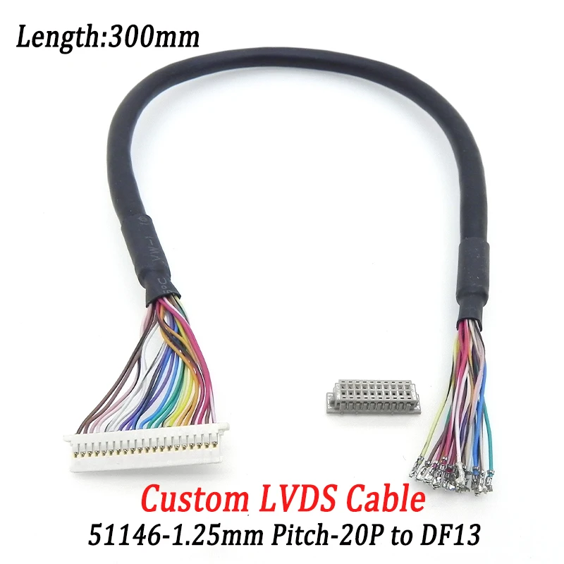 300mm LVDS Screen Cable Molex 51146 20Pin 1.25mm Pitch Connector to DF13 Flexible Wire for Industrial LCD Panel