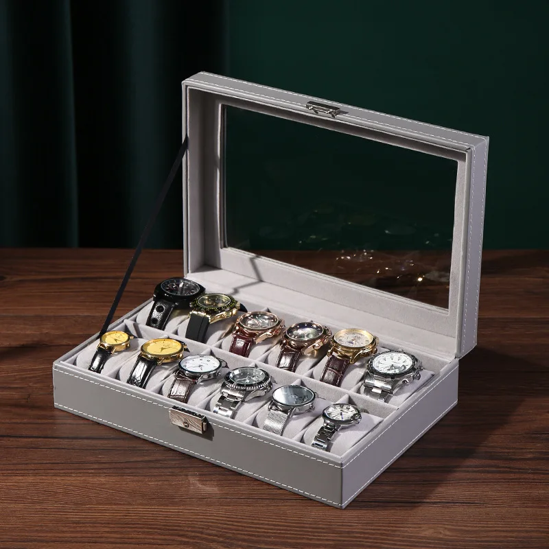 جديد رمادي ساعة جلدية صندوق تخزين صندوق عرض صندوق مجوهرات جمع صندوق جلد عالي Rnd صندوق أكل مع مرآة ماكياج #1