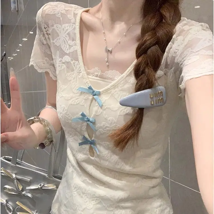 

Pure Desire Bow Short-sleeved T-shirt Women's Summer New Small and Unique Slim-fit Undershirt
