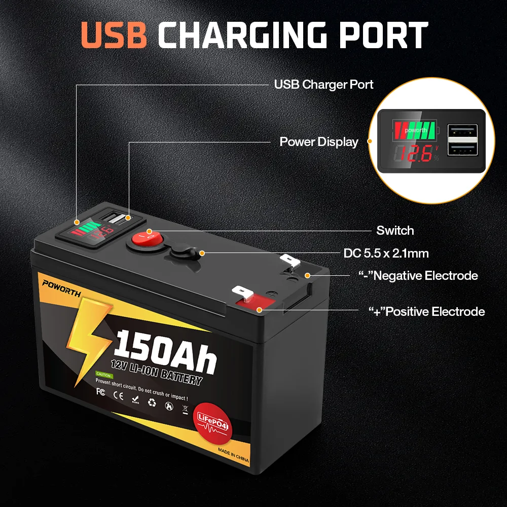 Ulepszona, wysokiej jakości bateria akumulatorowa 12V 150Ah LiFePO4, do ponad 4000 cykli ładowania, do małych UPS, energii słonecznej, lokalizatorów ryb.