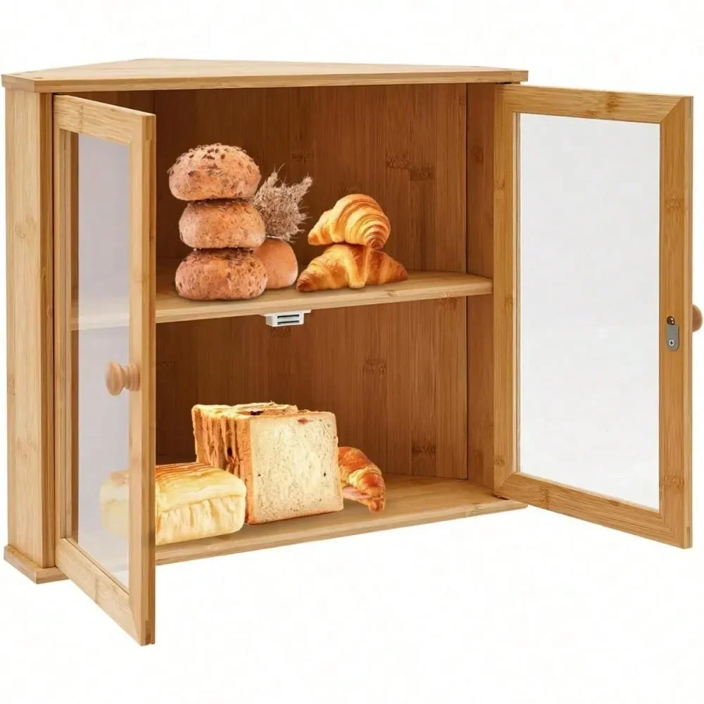 

Bread Box For Kitchen Countertop, Double Layers Bamboo Storage Container, Breadbox Under Cabinet Mount, Large Bread Holder For