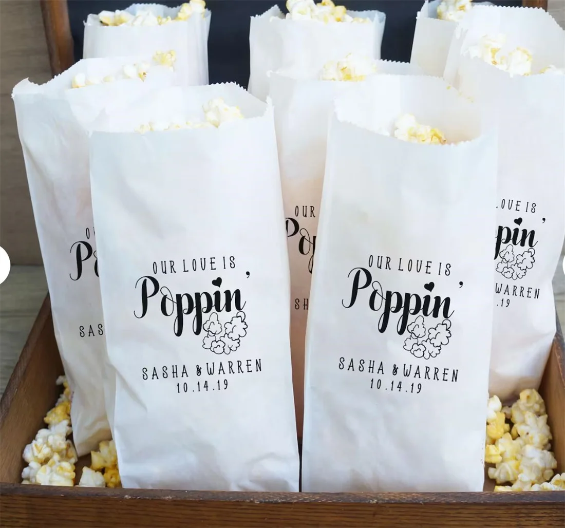 

Set Of 50 Popcorn Wedding Favor, Engagement Party Favor Bags, Popcorn Bar, Bridal Shower - Grease Resistant - Customized, Person