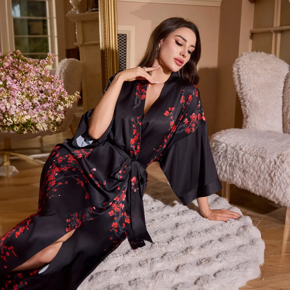 

Large Size Women Long Robe Kimono Bathrobe Gown Print Sleepwear Home Dressing Gown Loose Casual Satin Nightgown Loungewear