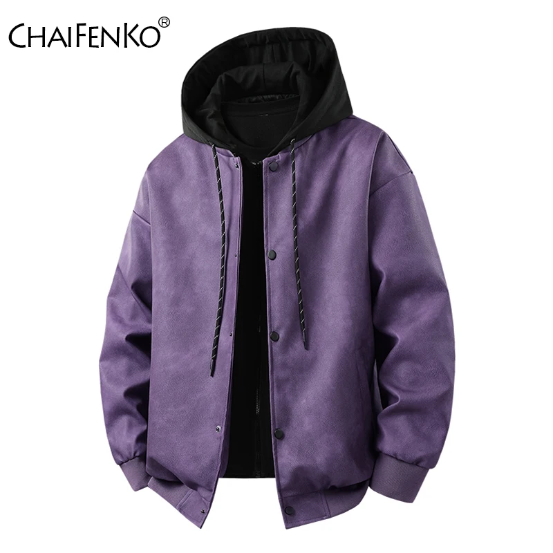 

Spring Autumn Retro Comfort Men Coat Outdoors Keep Warm False Two Piece Casual Tops New Fashion Solid Hooded Leather Jacket Men