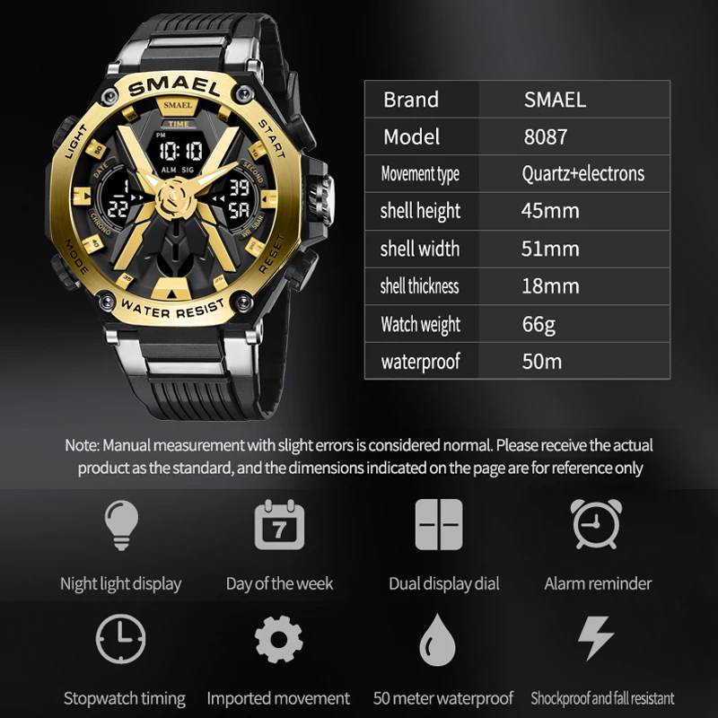 SMAEL Dual Display Digital Wrist Watch for Men Military Army Sport Waterproof Wristwatch Male Quartz Analog Clock Outdoor Hour