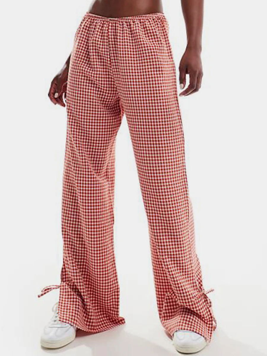 Korean Fashion Gingham Wide Leg Pant Women Slit Tie-up Loose Flare Pants Plaid Y2k Vintage Perppy High Waist Trousers