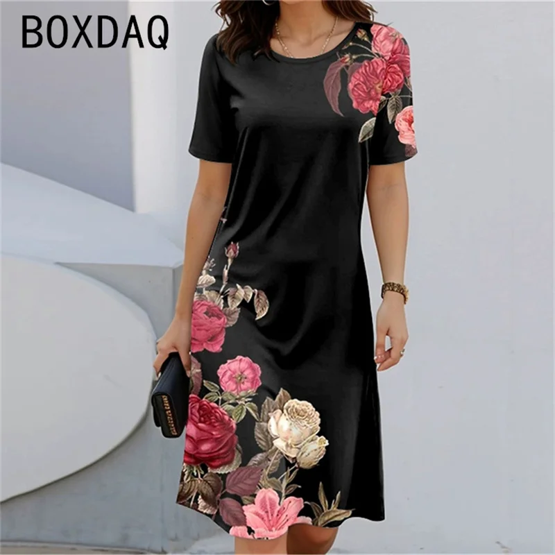 Bohemian Style Short Sleeve Round Neck Floral A-Line Dress Women's Casual Midi Dress Spring Summer Fashion Sundress Vestidos